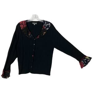 NWOT FROXX Top M Black Colorful-Floral-Ruffle-Patchwork V-Neck Button-Up Stretch